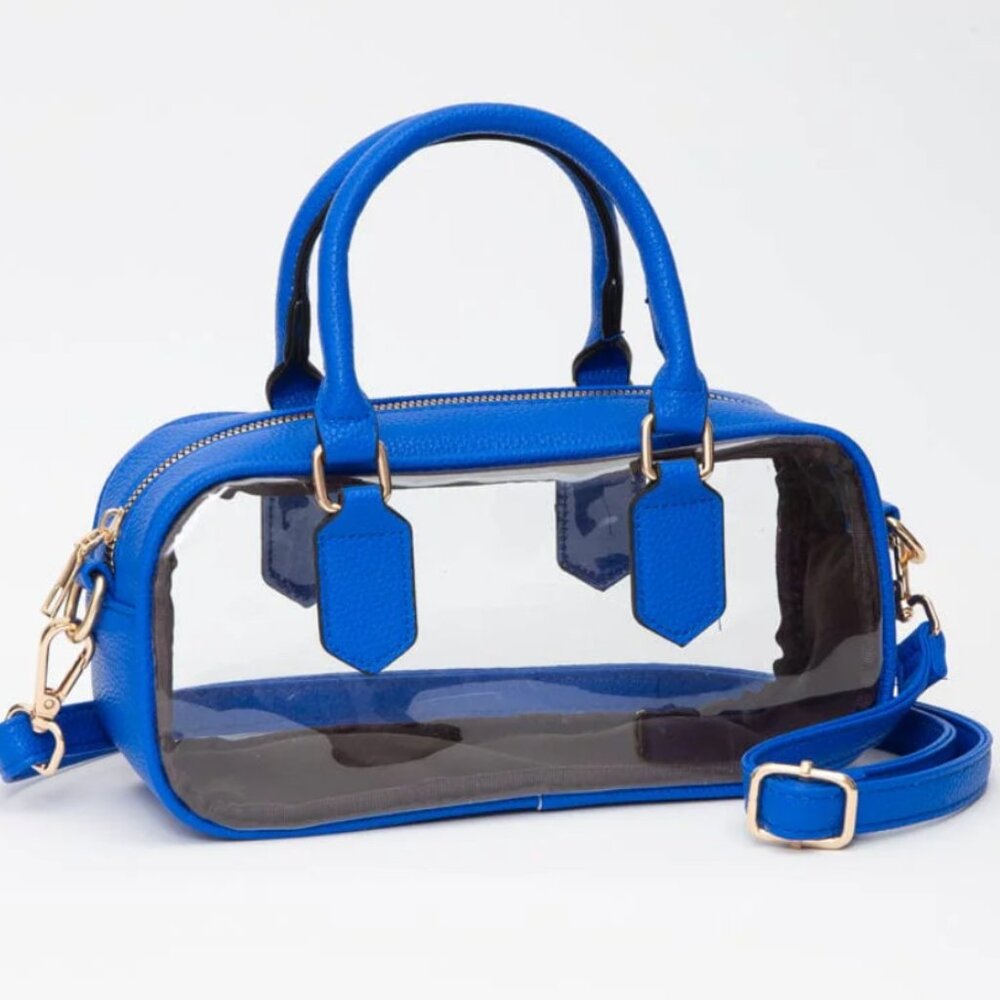 NWT BLUE Print Clear Stadium Approved Top Handle Crossbody Transparent Bag